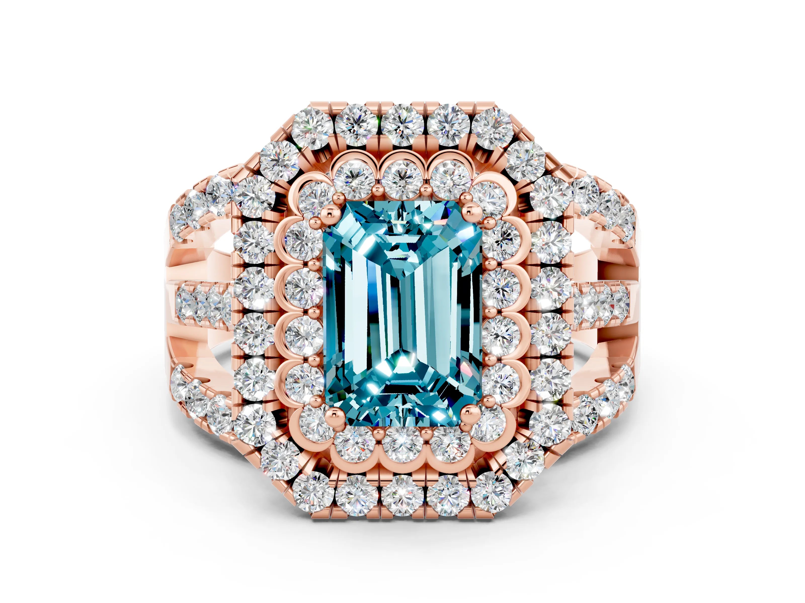Rose gold Double Halo Emerald Cut Diamond Split Shank Pave Set Ring