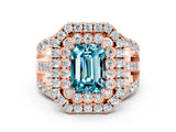 Rose gold Double Halo Emerald Cut Diamond Split Shank Pave Set Ring