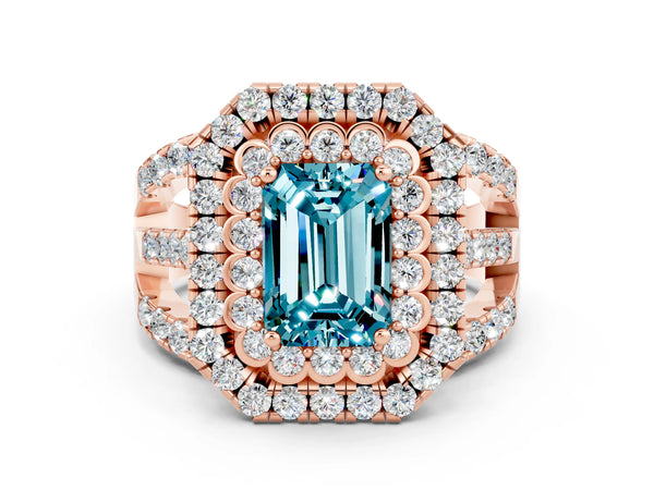 Rose gold Double Halo Emerald Cut Diamond Split Shank Pave Set Ring