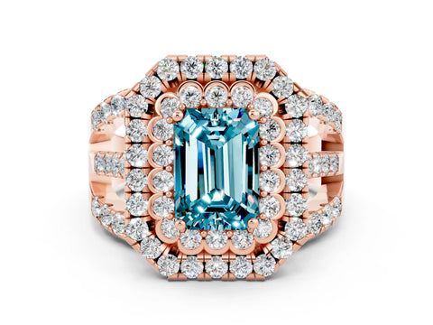Rose gold Double Halo Emerald Cut Diamond Split Shank Pave Set Ring