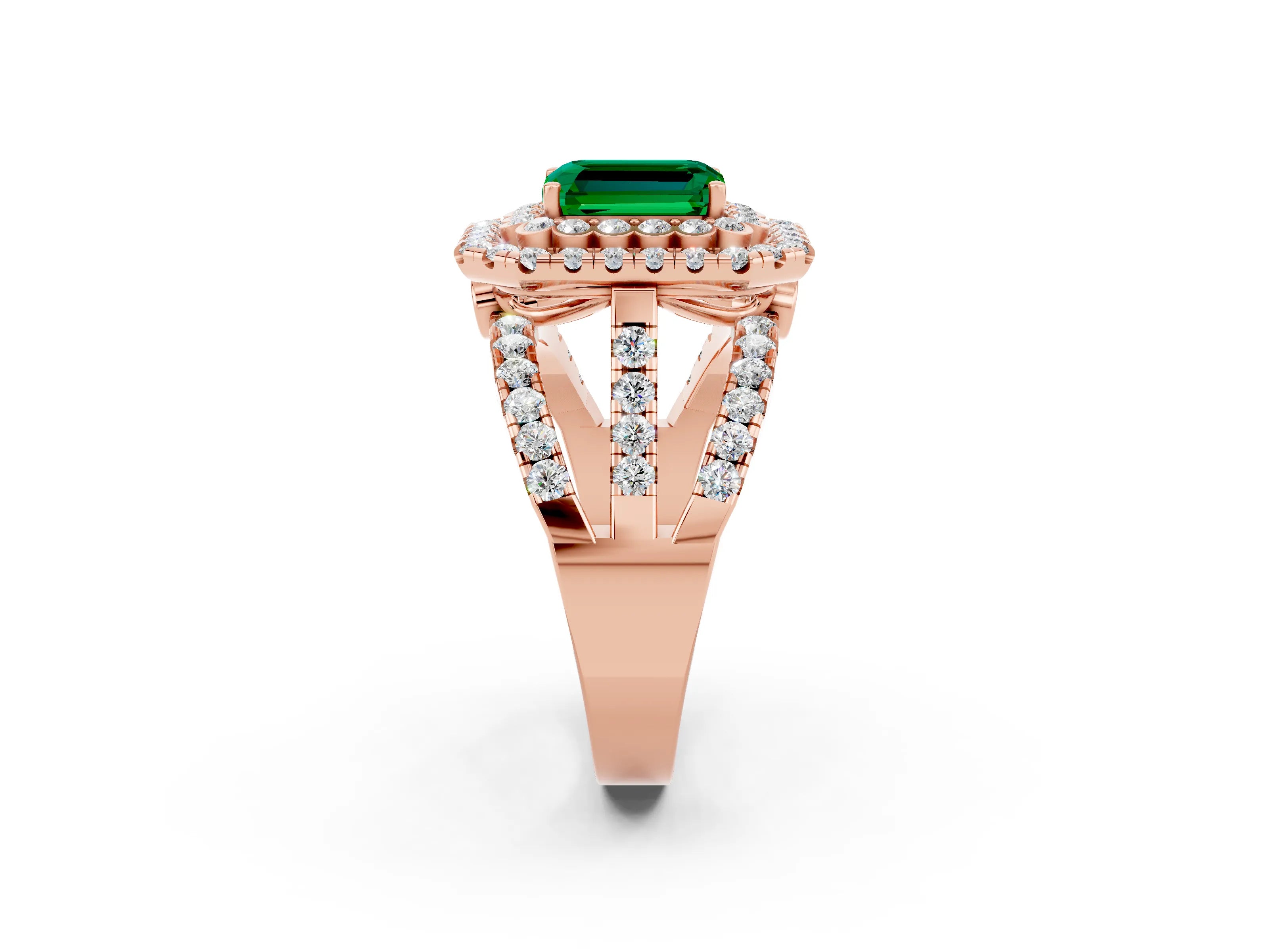 Rose gold Double Halo Emerald Cut Diamond Split Shank Pave Set Ring_2