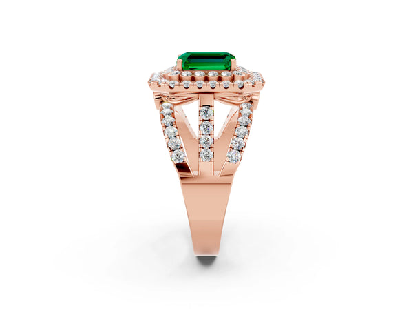 Rose gold Emerald Cut Emerald Double Halo Ring with Round Pavé Split Shank and Prong Setting