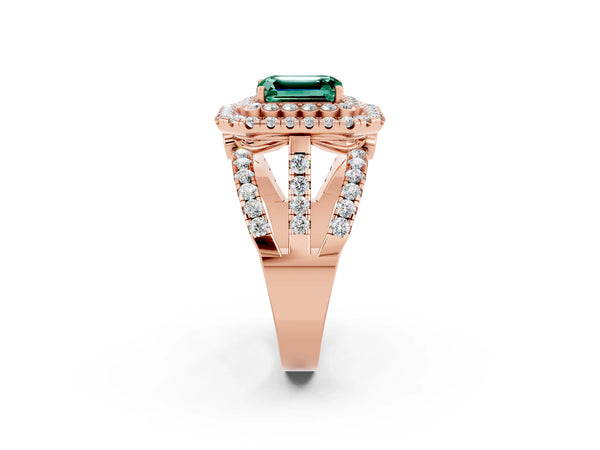 Rose gold Emerald Cut Green Sapphire Double Halo Ring with Round Pavé Split Shank and Prong Setting