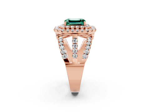 Rose gold Double Halo Emerald Cut Diamond Split Shank Pave Set Ring_2