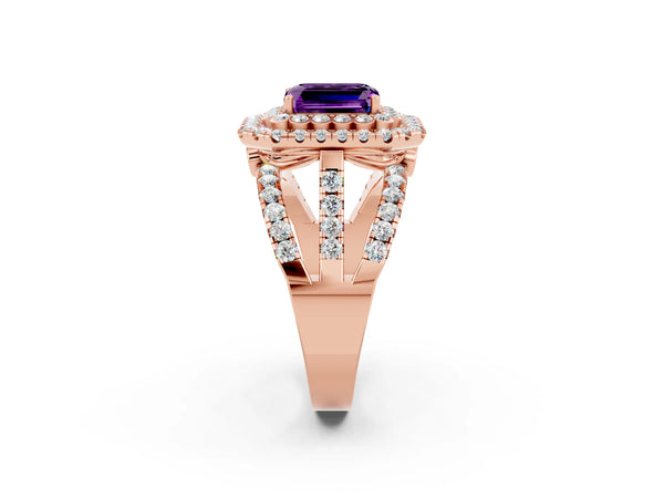Rose gold Emerald Cut Amethyst Double Halo Ring with Round Pavé Split Shank and Prong Setting