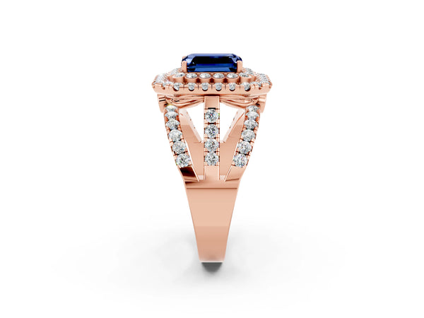 Rose gold Emerald Cut Blue Sapphire Double Halo Ring with Round Pavé Split Shank and Prong Setting