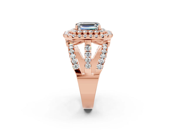Rose gold Emerald Cut Moissanite Double Halo Ring with Round Pavé Split Shank and Prong Setting