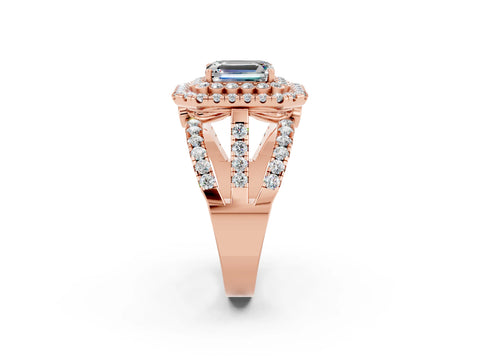 Rose gold Double Halo Emerald Cut Diamond Split Shank Pave Set Ring_2