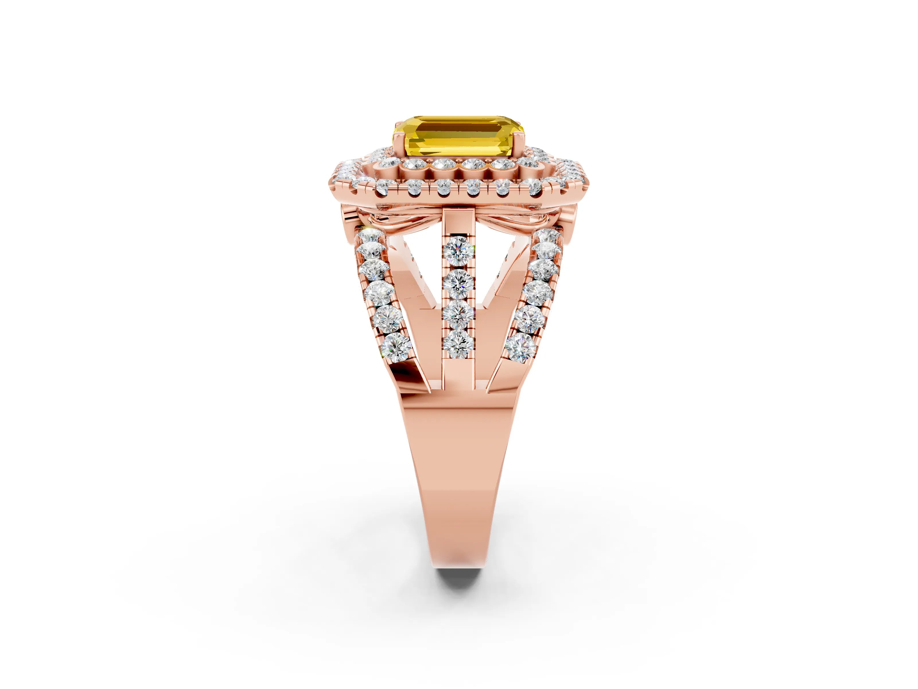 Rose gold Double Halo Emerald Cut Diamond Split Shank Pave Set Ring_2