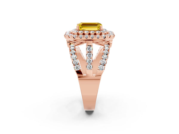 Rose gold Emerald Cut Yellow Sapphire Double Halo Ring with Round Pavé Split Shank and Prong Setting
