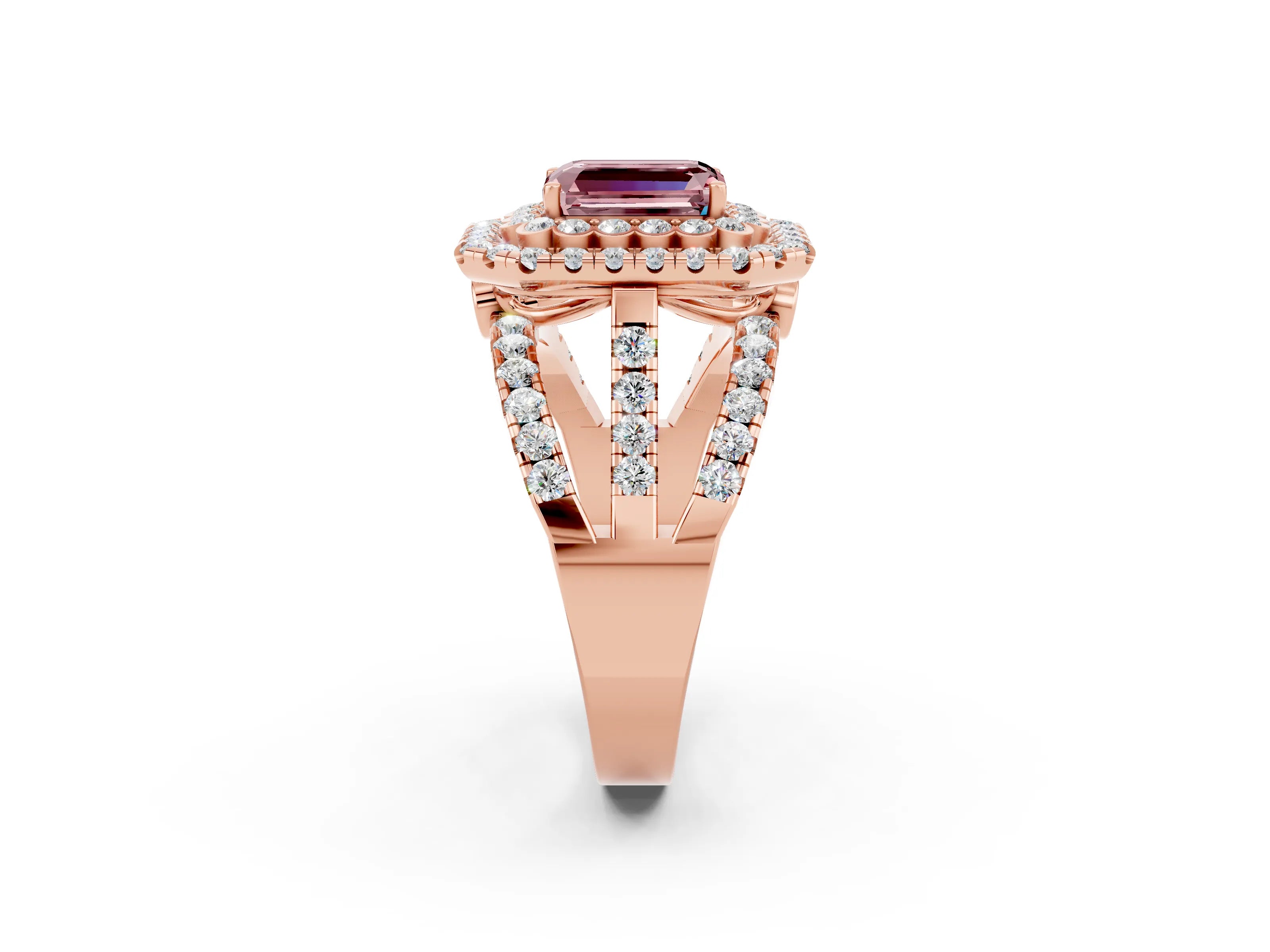 Rose gold Double Halo Emerald Cut Diamond Split Shank Pave Set Ring_2