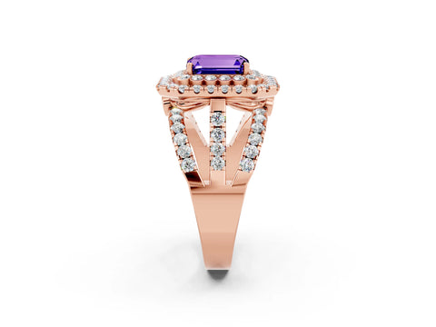 Rose gold Double Halo Emerald Cut Diamond Split Shank Pave Set Ring_2