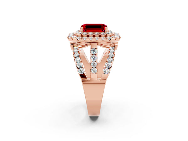 Rose gold Double Halo Emerald Cut Diamond Split Shank Pave Set Ring