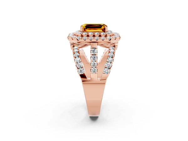 Rose gold Emerald Cut Citrine Double Halo Ring with Round Pavé Split Shank and Prong Setting