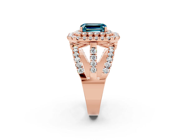 Rose gold Double Halo Emerald Cut Diamond Split Shank Pave Set Ring
