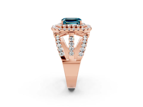 Rose gold Double Halo Emerald Cut Diamond Split Shank Pave Set Ring_2