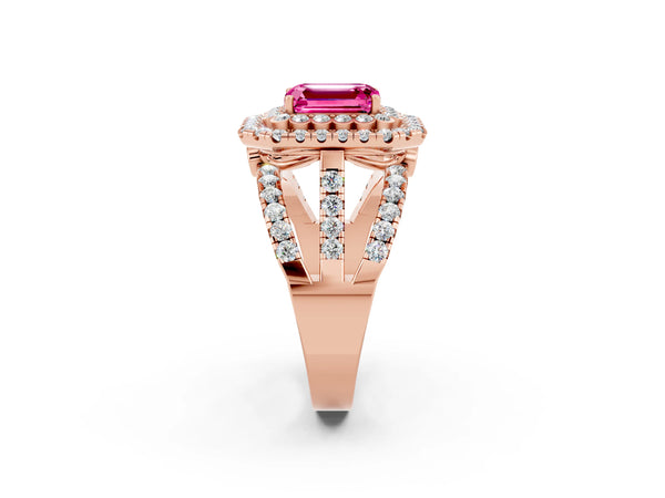 Rose gold Emerald Cut Pink Sapphire Double Halo Ring with Round Pavé Split Shank and Prong Setting