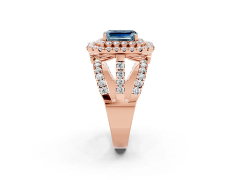 Rose gold Double Halo Emerald Cut Diamond Split Shank Pave Set Ring_2