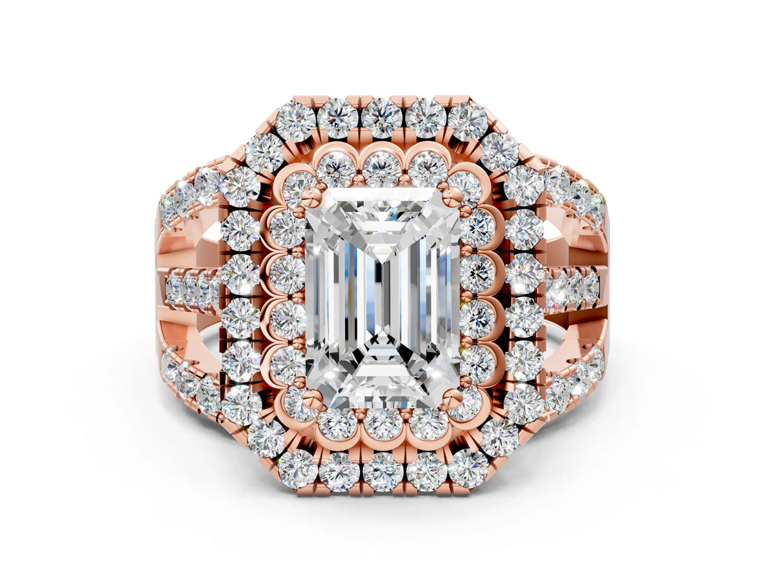 Rose gold Double Halo Emerald Cut Diamond Split Shank Pave Set Ring_3