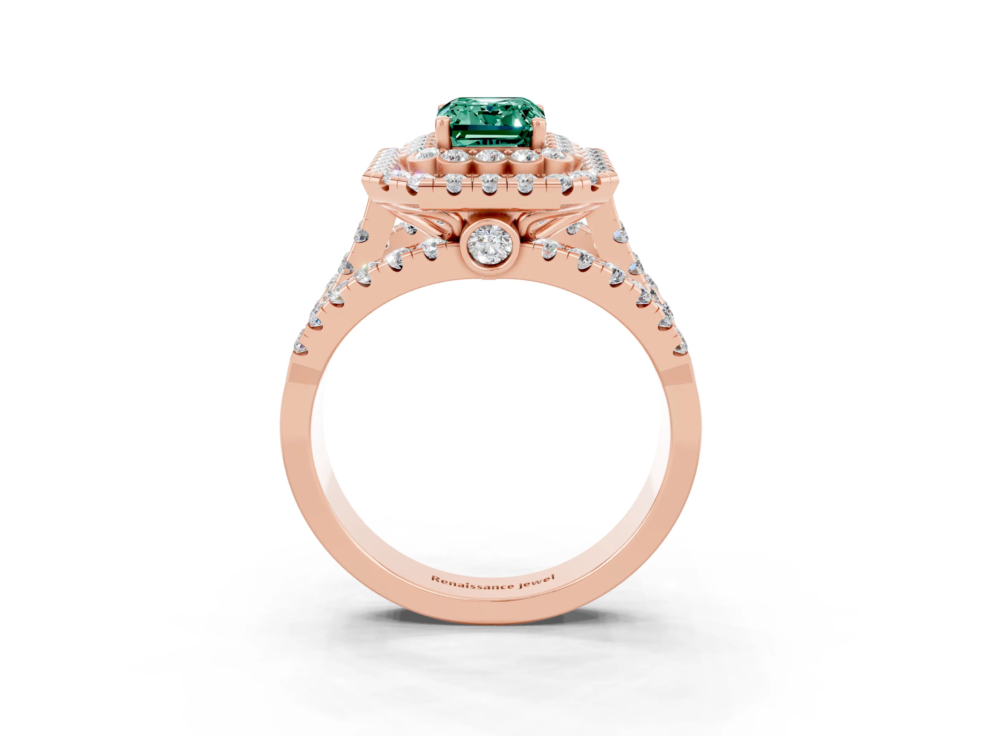 Rose gold Double Halo Emerald Cut Diamond Split Shank Pave Set Ring_3