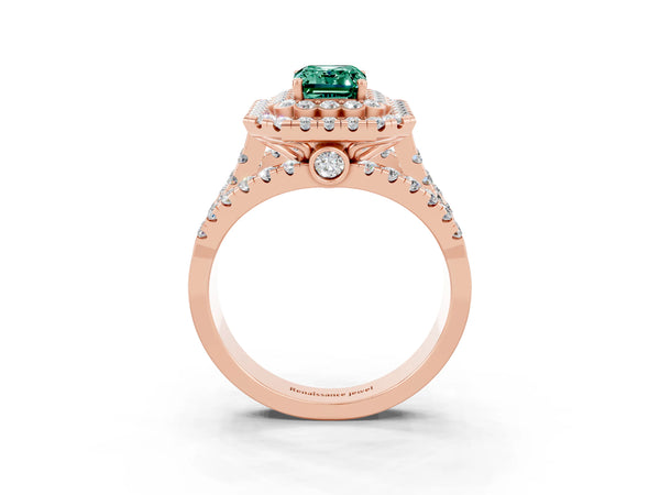Rose gold Emerald Cut Green Sapphire Double Halo Ring with Round Pavé Split Shank and Prong Setting