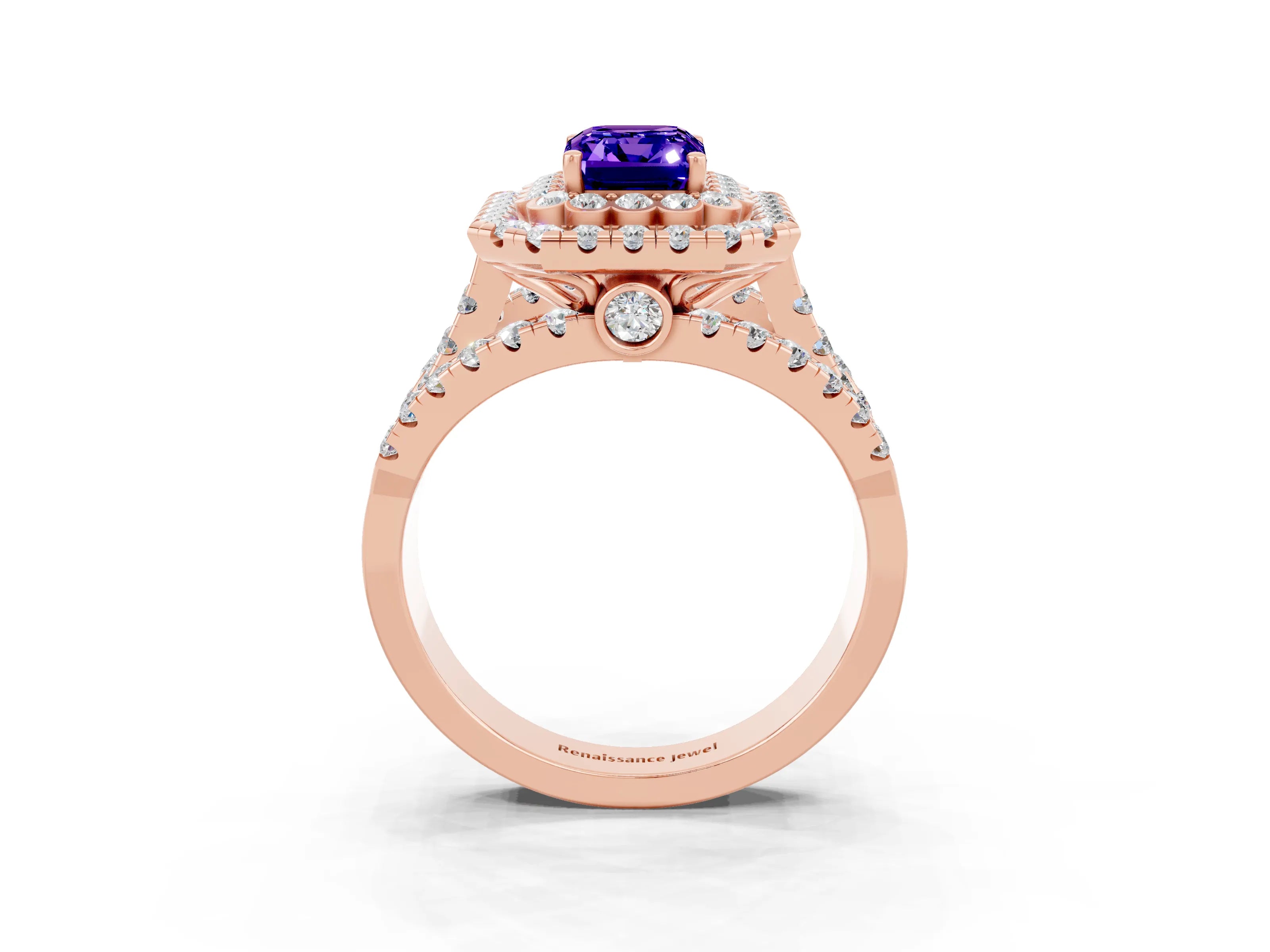 Rose gold Double Halo Emerald Cut Diamond Split Shank Pave Set Ring_3