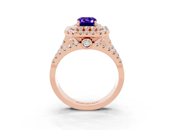 Rose gold Emerald Cut Tanzanite Double Halo Ring with Round Pavé Split Shank and Prong Setting