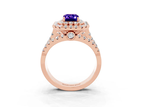 Rose gold Double Halo Emerald Cut Diamond Split Shank Pave Set Ring_3