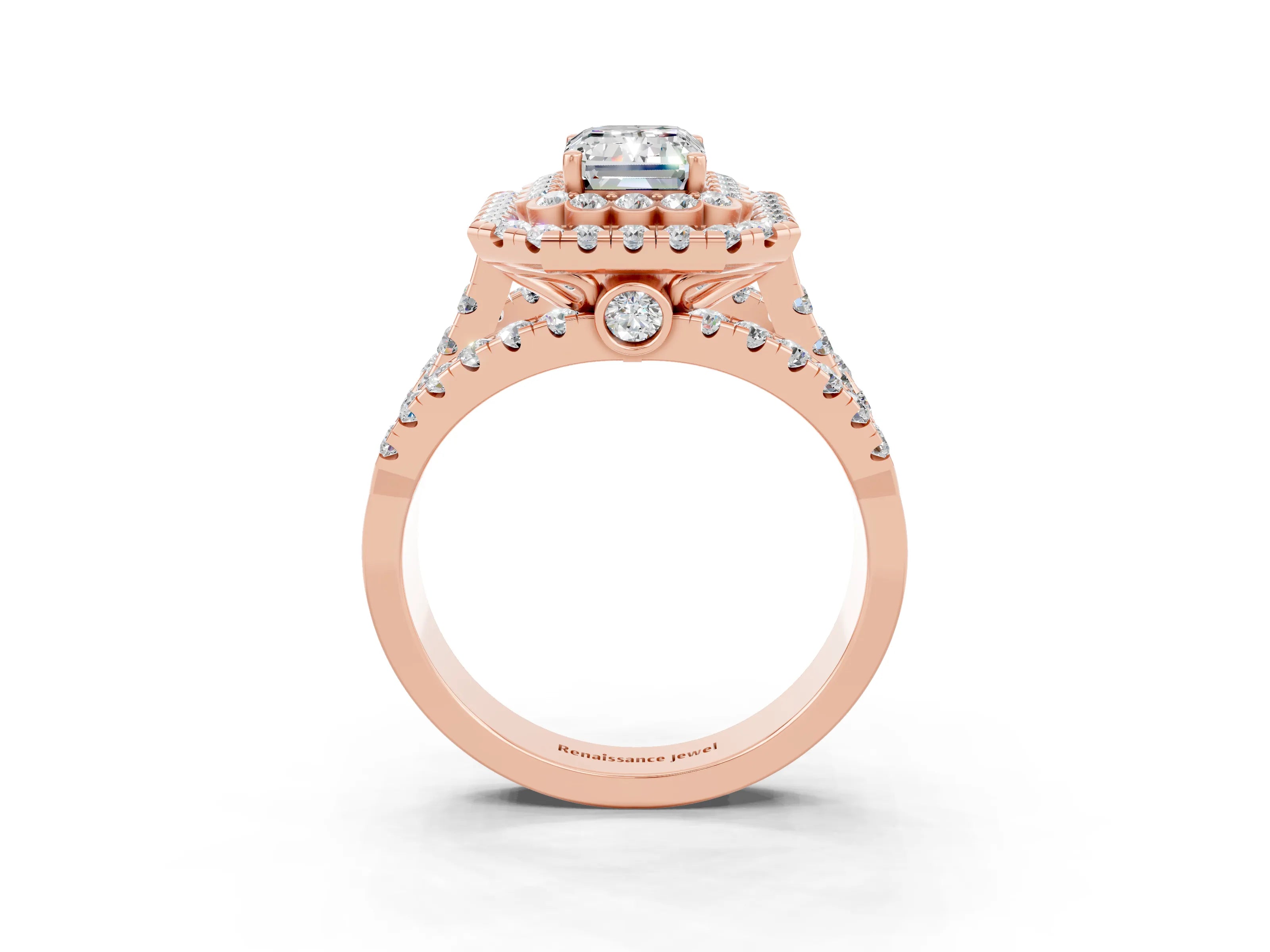 Rose gold Double Halo Emerald Cut Diamond Split Shank Pave Set Ring_3
