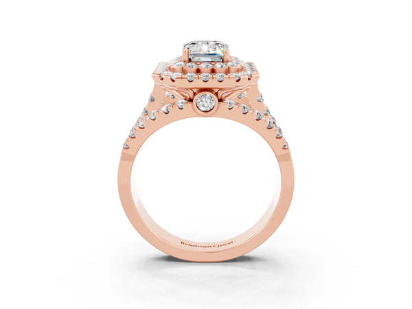 Rose gold Emerald Cut Moissanite Double Halo Ring with Round Pavé Split Shank and Prong Setting