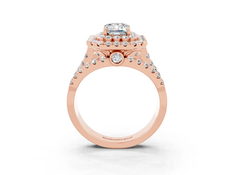 Rose gold Double Halo Emerald Cut Diamond Split Shank Pave Set Ring_3