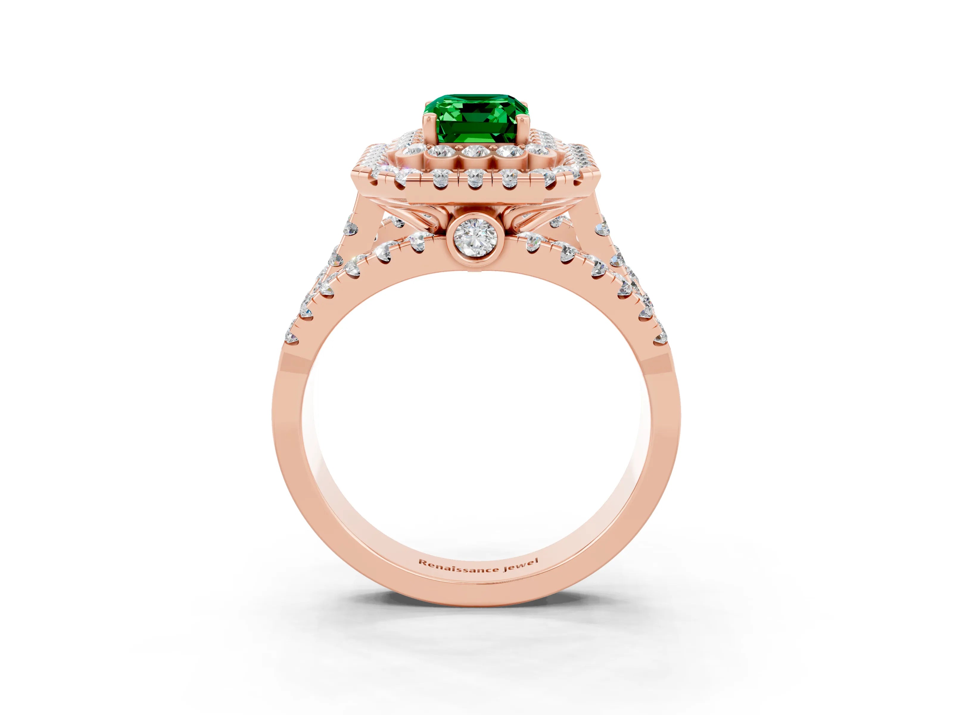 Rose gold Double Halo Emerald Cut Diamond Split Shank Pave Set Ring_3