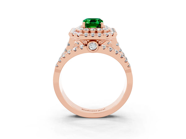 Rose gold Emerald Cut Emerald Double Halo Ring with Round Pavé Split Shank and Prong Setting