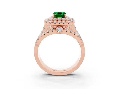 Rose gold Double Halo Emerald Cut Diamond Split Shank Pave Set Ring_3