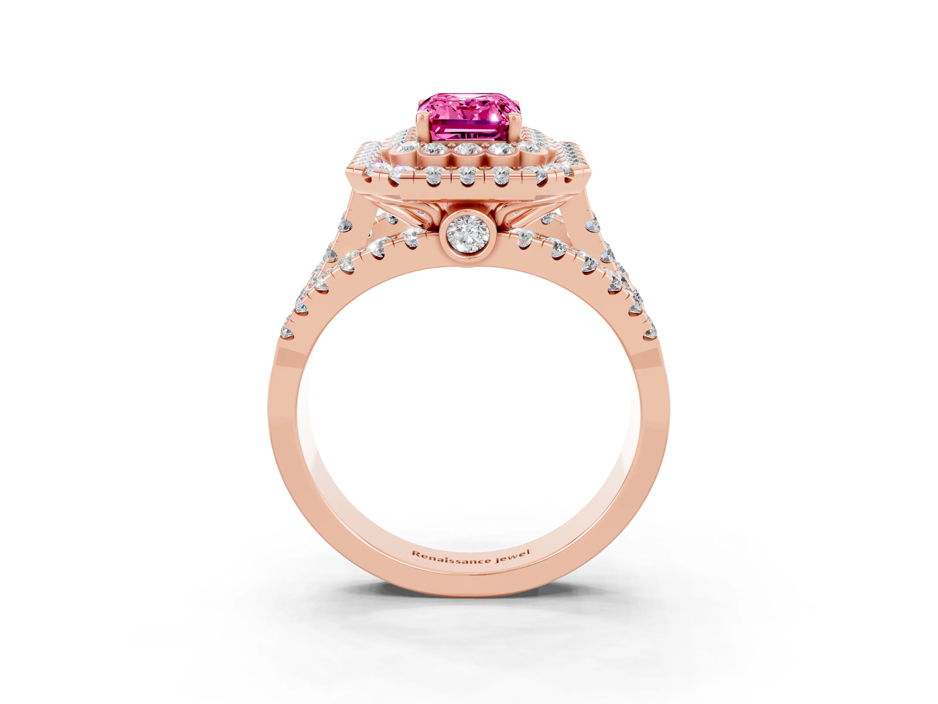 Rose gold Double Halo Emerald Cut Diamond Split Shank Pave Set Ring_3
