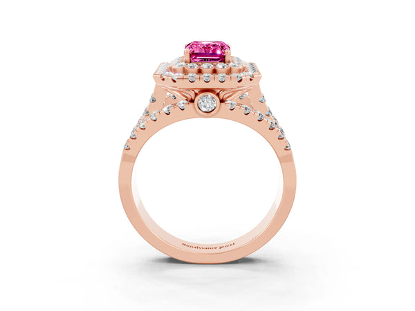 Rose gold Emerald Cut Pink Sapphire Double Halo Ring with Round Pavé Split Shank and Prong Setting