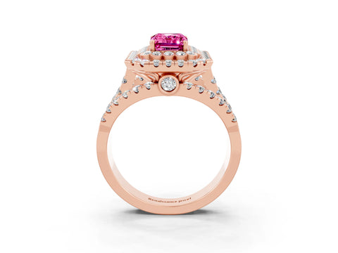 Rose gold Double Halo Emerald Cut Diamond Split Shank Pave Set Ring_3