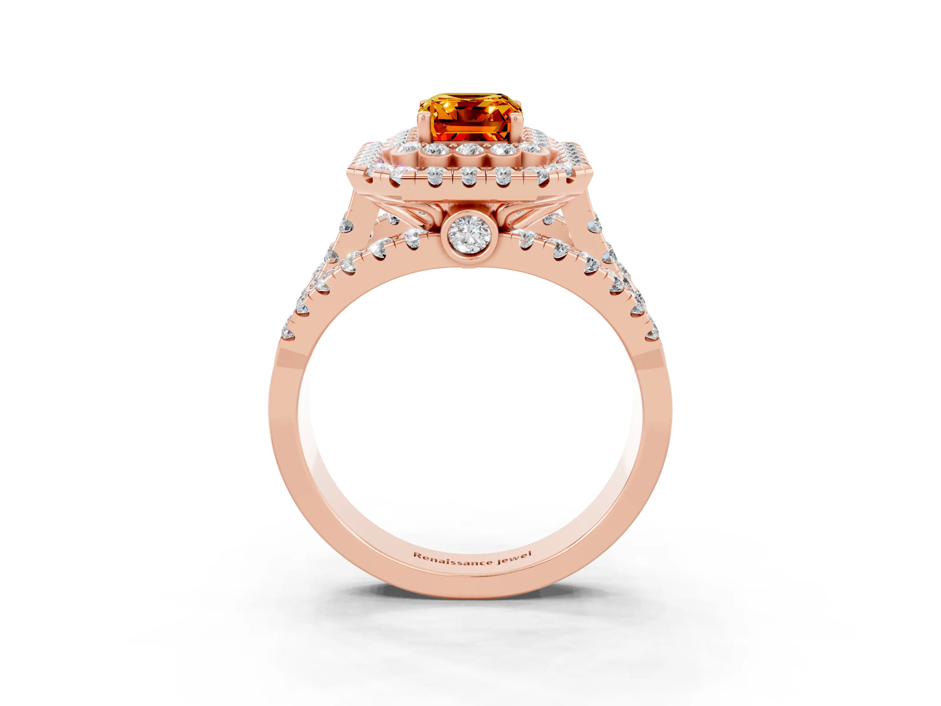 Rose gold Double Halo Emerald Cut Diamond Split Shank Pave Set Ring_3