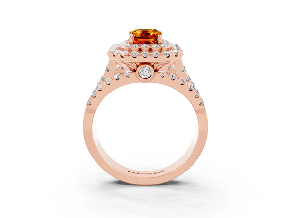 Rose gold Emerald Cut Citrine Double Halo Ring with Round Pavé Split Shank and Prong Setting