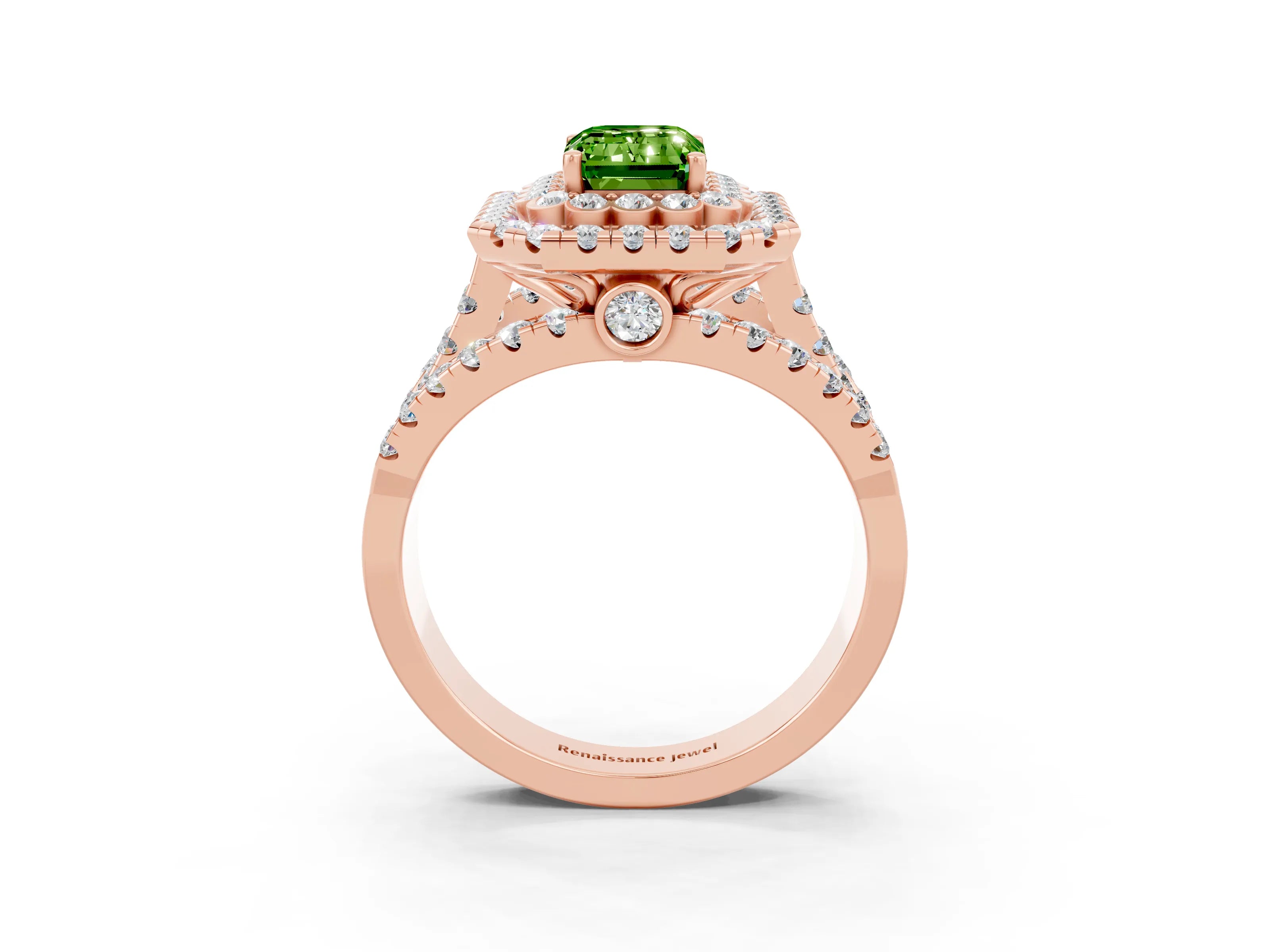 Rose gold Double Halo Emerald Cut Diamond Split Shank Pave Set Ring_3