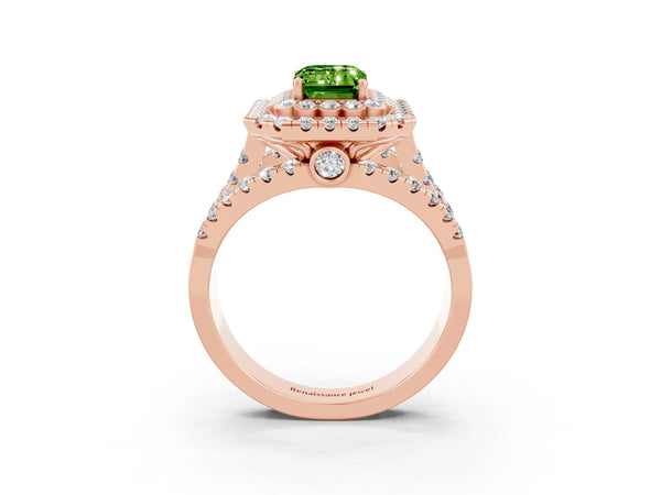 Rose gold Double Halo Emerald Cut Diamond Split Shank Pave Set Ring