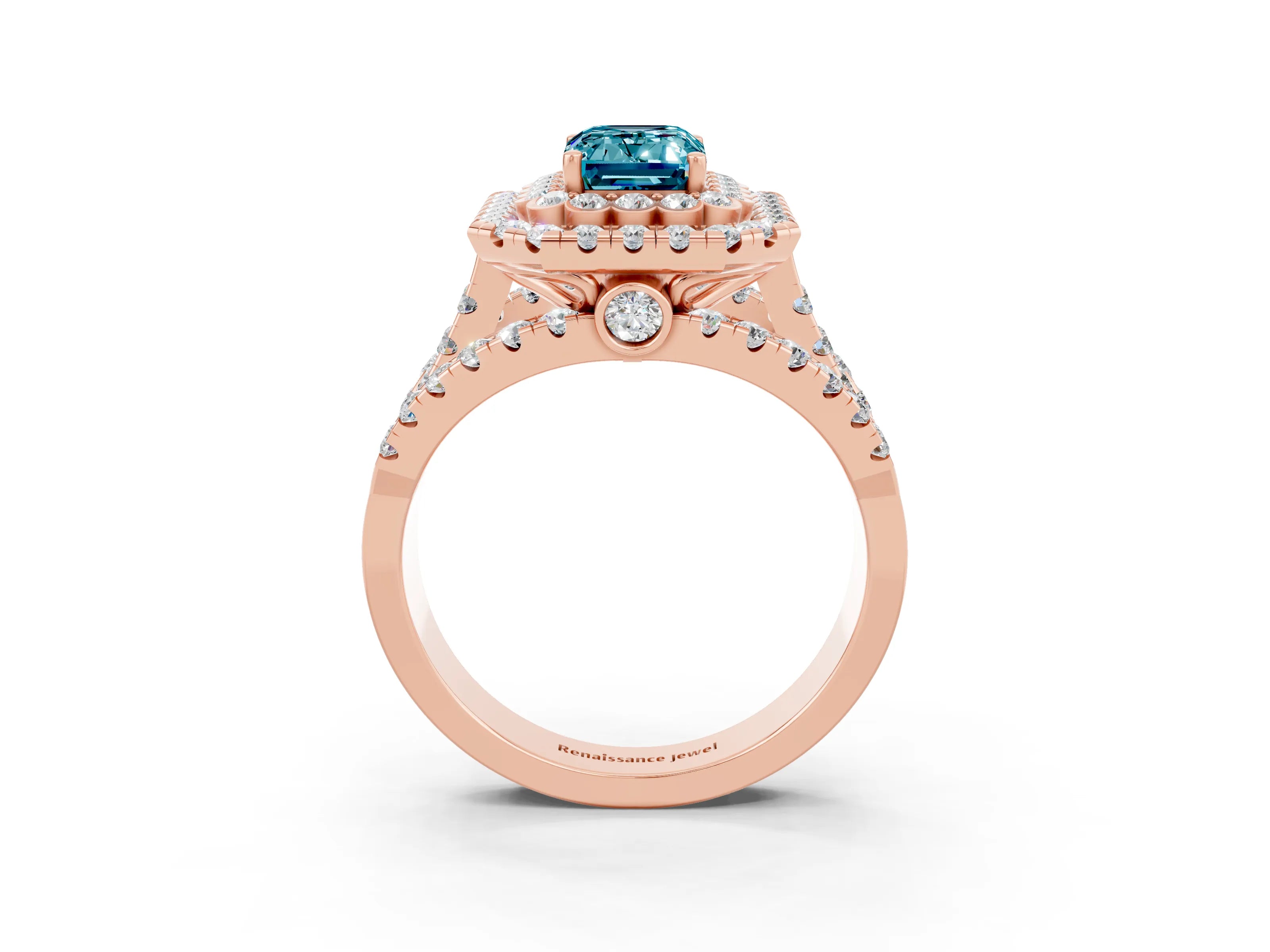 Rose gold Double Halo Emerald Cut Diamond Split Shank Pave Set Ring_3