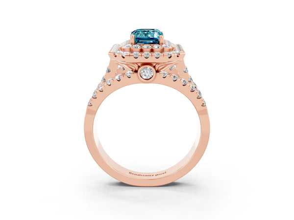 Rose gold Double Halo Emerald Cut Diamond Split Shank Pave Set Ring