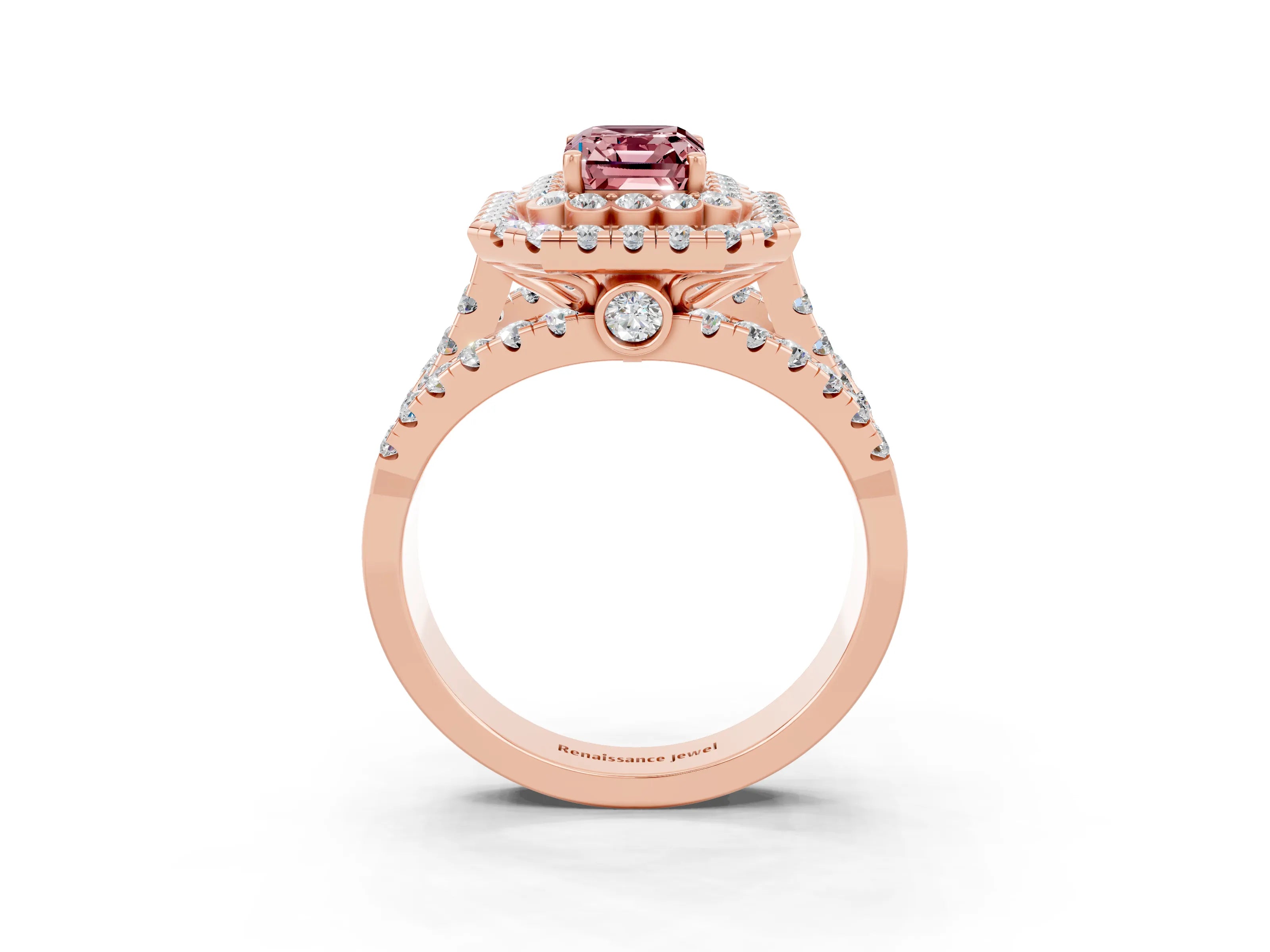 Rose gold Double Halo Emerald Cut Diamond Split Shank Pave Set Ring_3