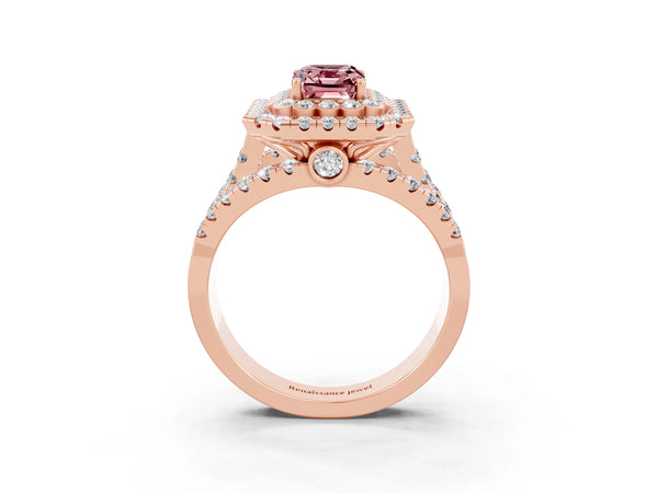 Rose gold Double Halo Emerald Cut Diamond Split Shank Pave Set Ring
