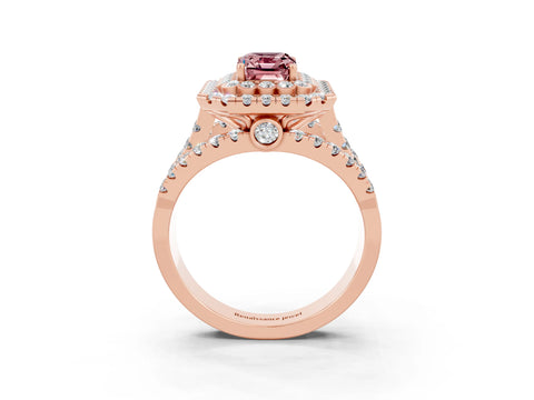 Rose gold Double Halo Emerald Cut Diamond Split Shank Pave Set Ring_3