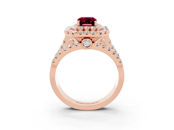 Rose gold Emerald Cut Garnet Double Halo Ring with Round Pavé Split Shank and Prong Setting
