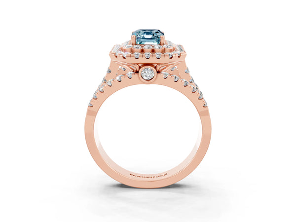 Rose gold Emerald Cut Aquamarine Double Halo Ring with Round Pavé Split Shank and Prong Setting