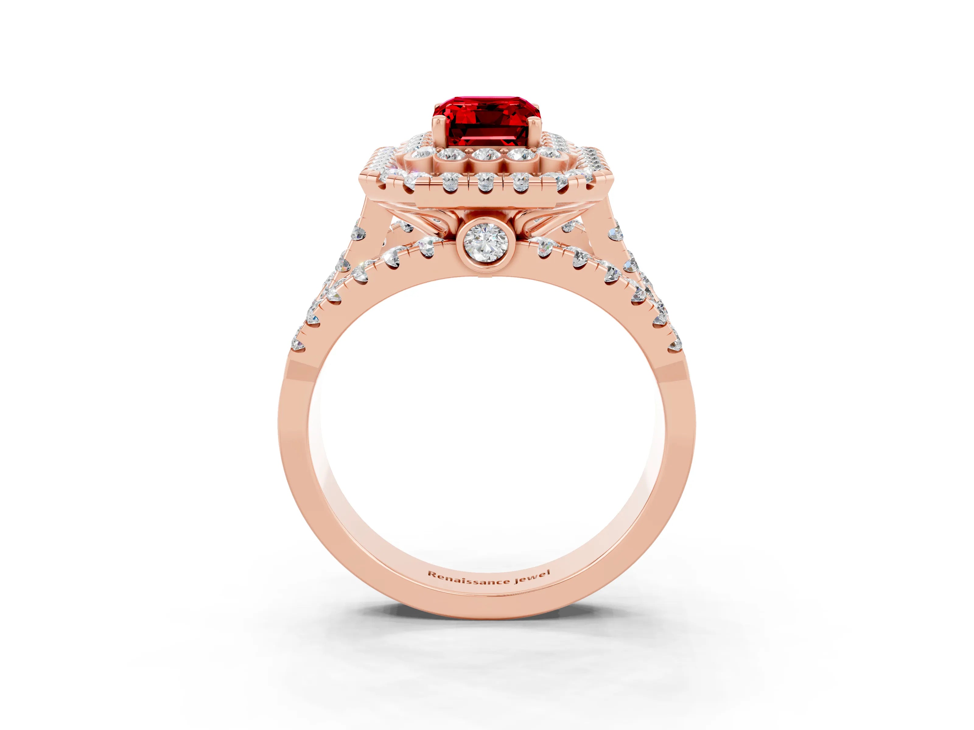 Rose gold Double Halo Emerald Cut Diamond Split Shank Pave Set Ring_3