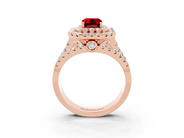 Rose gold Double Halo Emerald Cut Diamond Split Shank Pave Set Ring